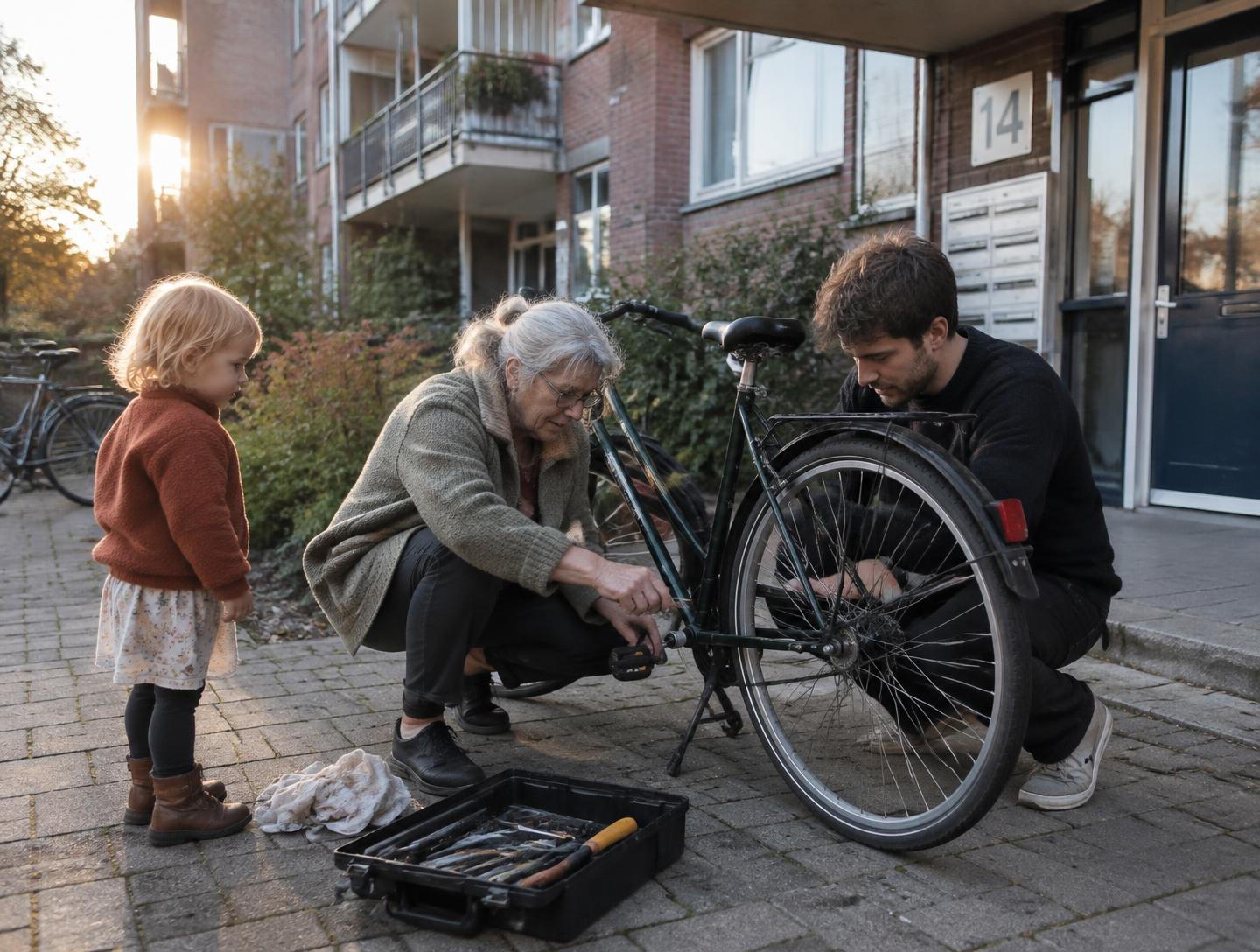 Two neighbours repairing a bicycle together in front of their building