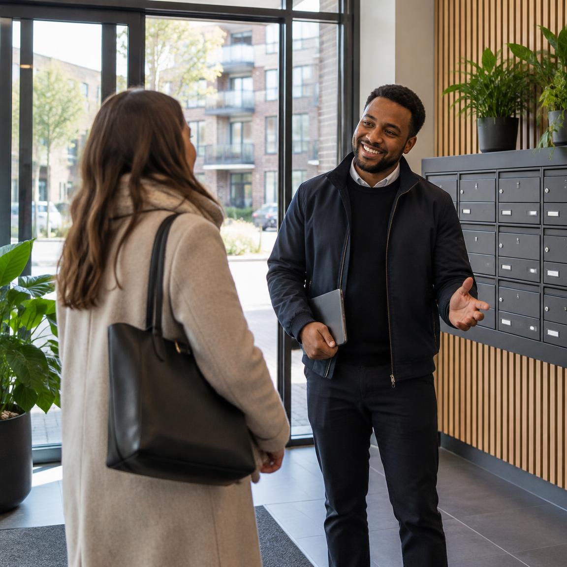 A residential property manager welcoming a resident in the entrance lobby of their building
