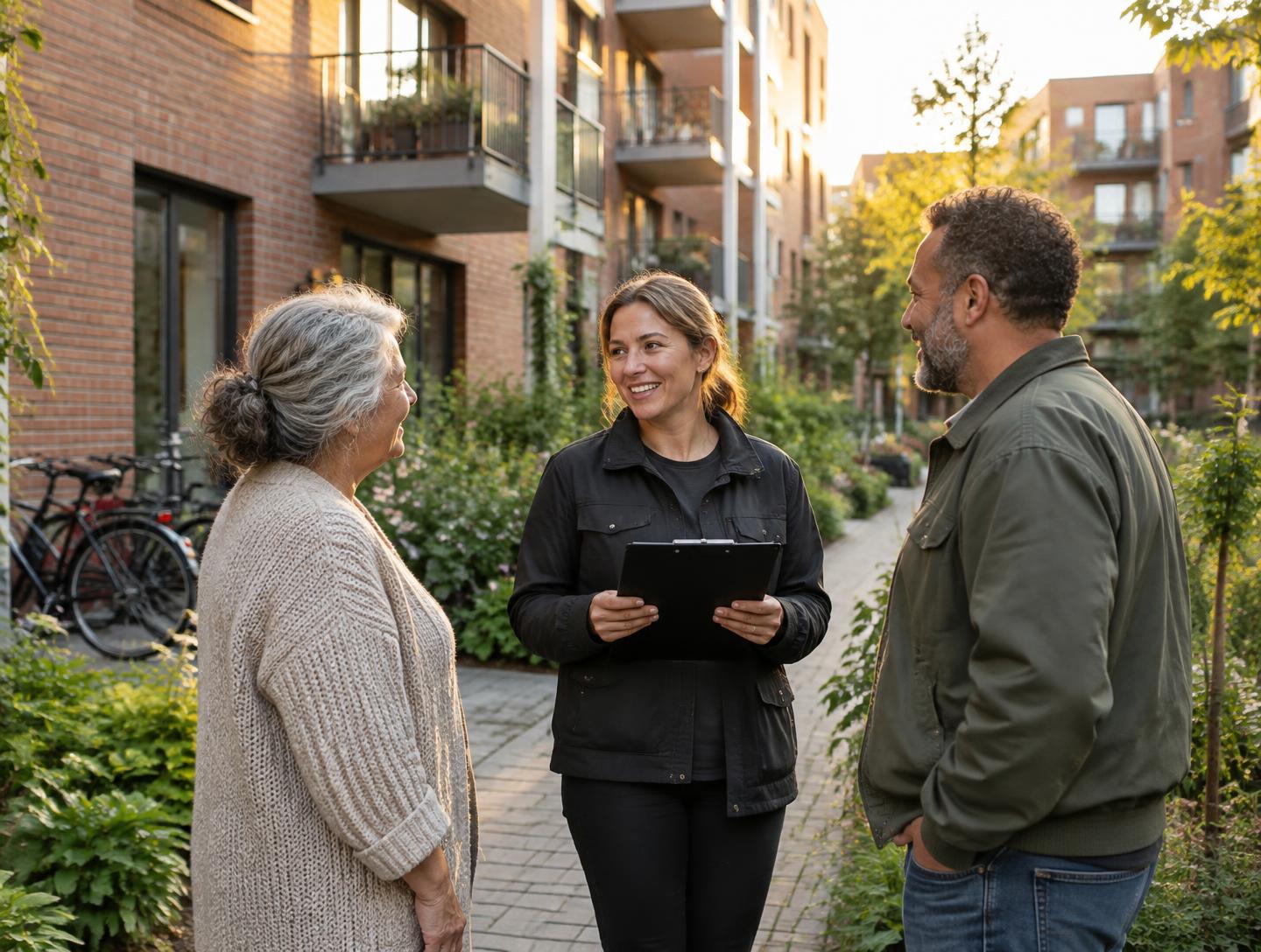 A building manager talking with residents in the courtyard of their apartment building