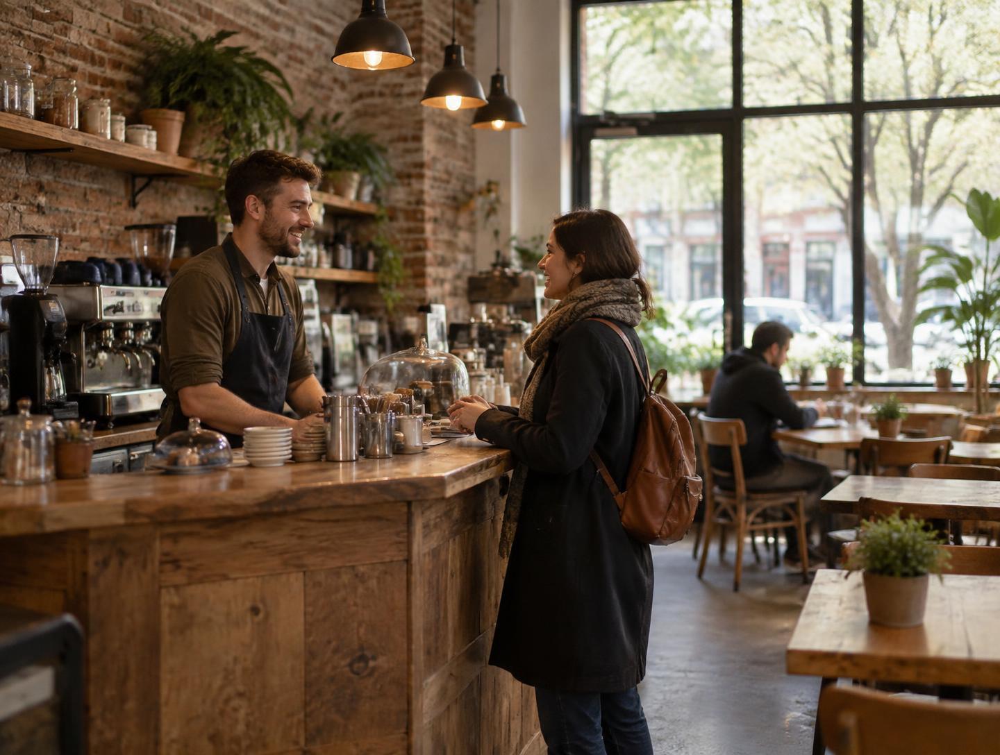 A barista chatting with a customer at the counter of an independent neighbourhood café