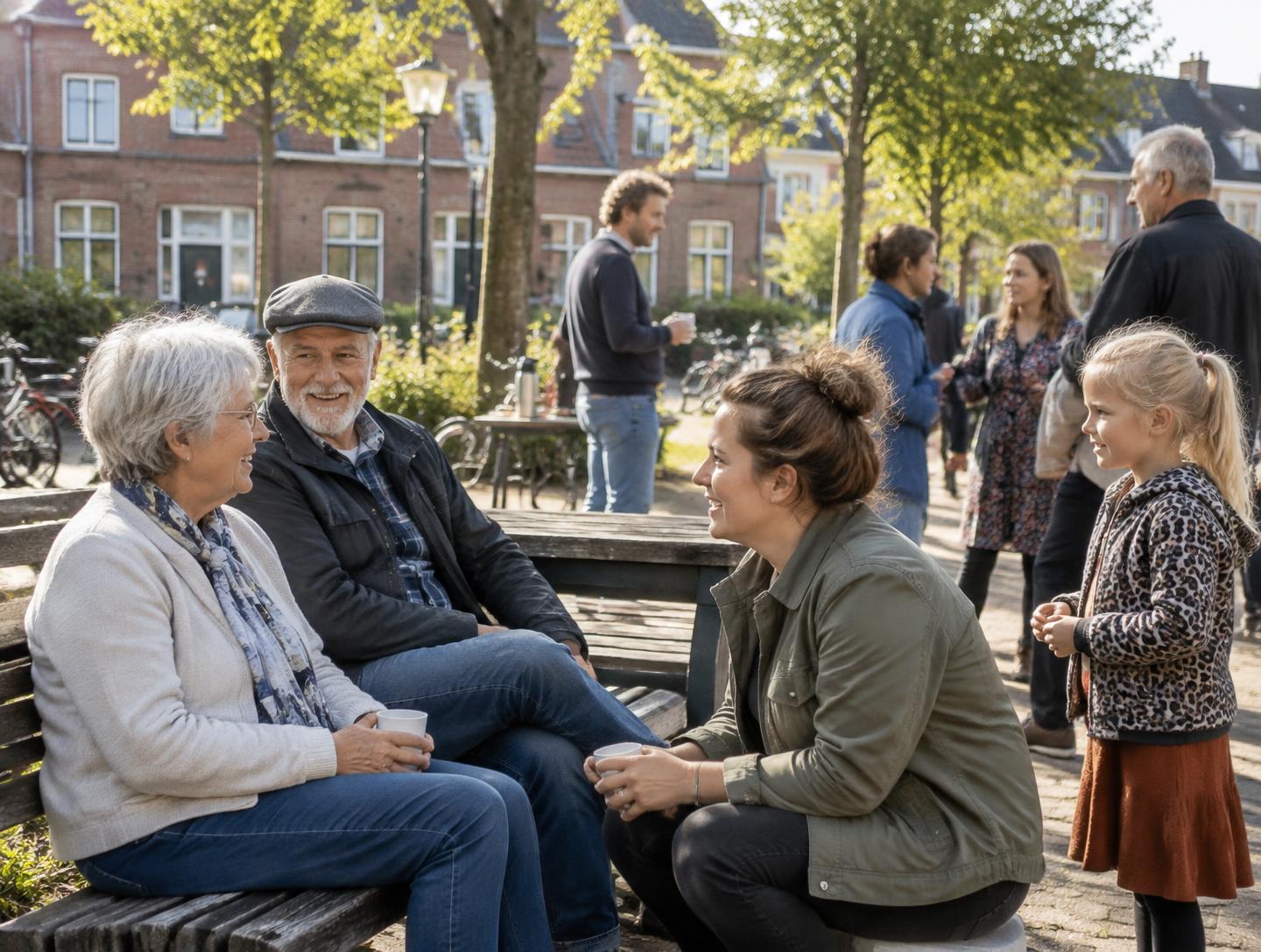 Neighbours of different ages talking together on benches in a neighbourhood square