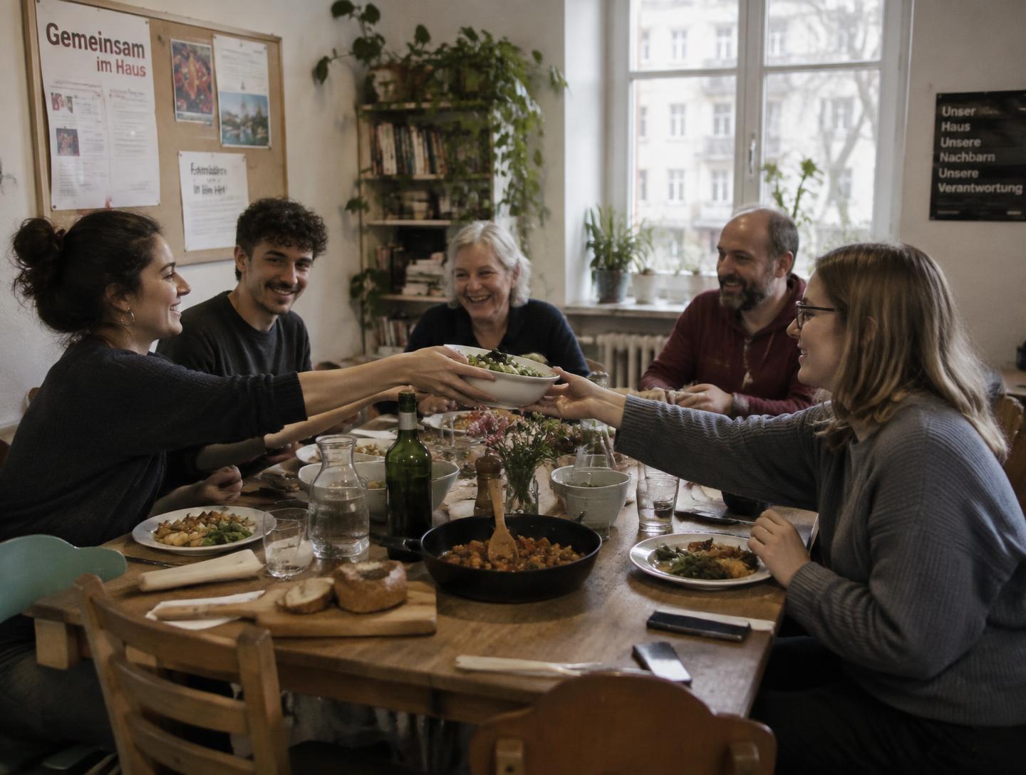 Neighbours sharing a homemade meal in the common room of their building